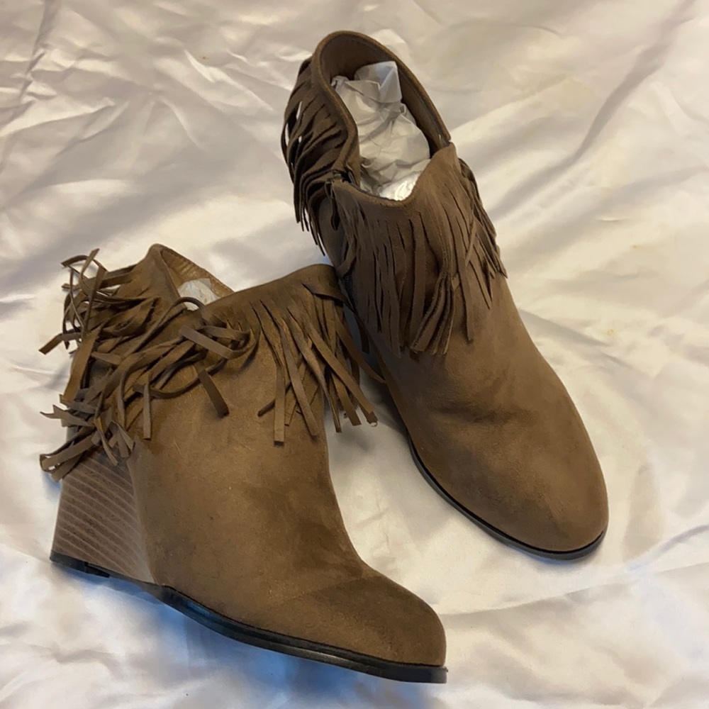 Brown Fringe Wedge Bootie